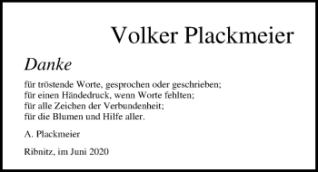 Traueranzeige von Volker Plackmeier von Ostsee-Zeitung GmbH