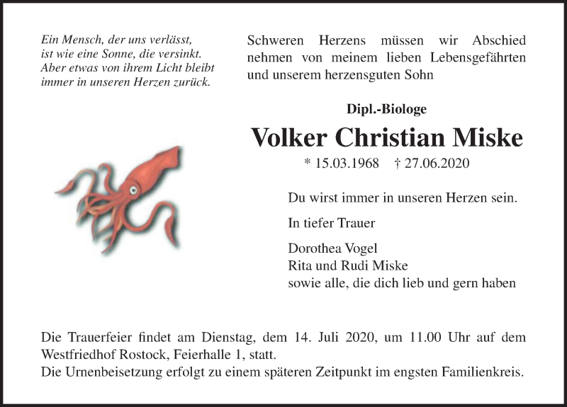  Traueranzeige für Volker Christian Miske vom 04.07.2020 aus Ostsee-Zeitung GmbH