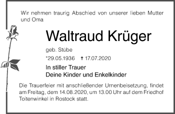 Traueranzeige von Waltraud Krüger von Ostsee-Zeitung GmbH