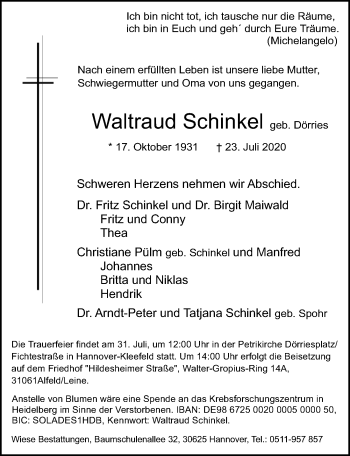 Traueranzeige von Waltraud Schinkel von Hannoversche Allgemeine Zeitung/Neue Presse