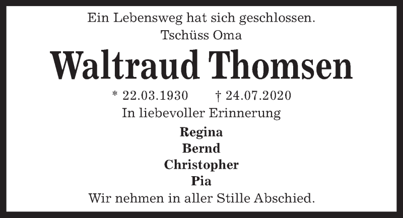  Traueranzeige für Waltraud Thomsen vom 01.08.2020 aus Kieler Nachrichten
