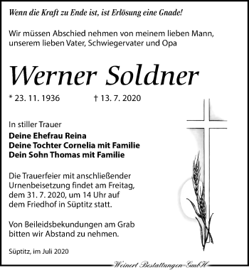 Traueranzeige von Werner Soldner von Torgauer Zeitung