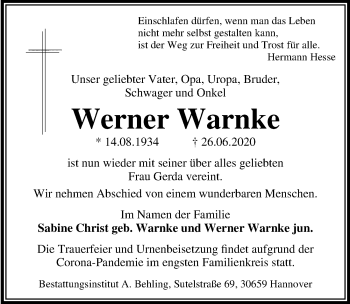 Traueranzeige von Werner Warnke von Hannoversche Allgemeine Zeitung/Neue Presse