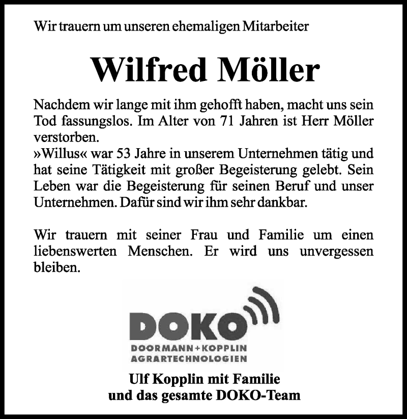  Traueranzeige für Wilfred Möller vom 11.07.2020 aus Kieler Nachrichten