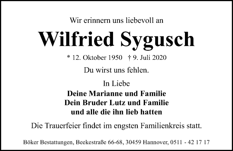  Traueranzeige für Wilfried Sygusch vom 18.07.2020 aus Hannoversche Allgemeine Zeitung/Neue Presse