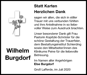 Traueranzeige von Wilhelm Burgdorf von Peiner Allgemeine Zeitung