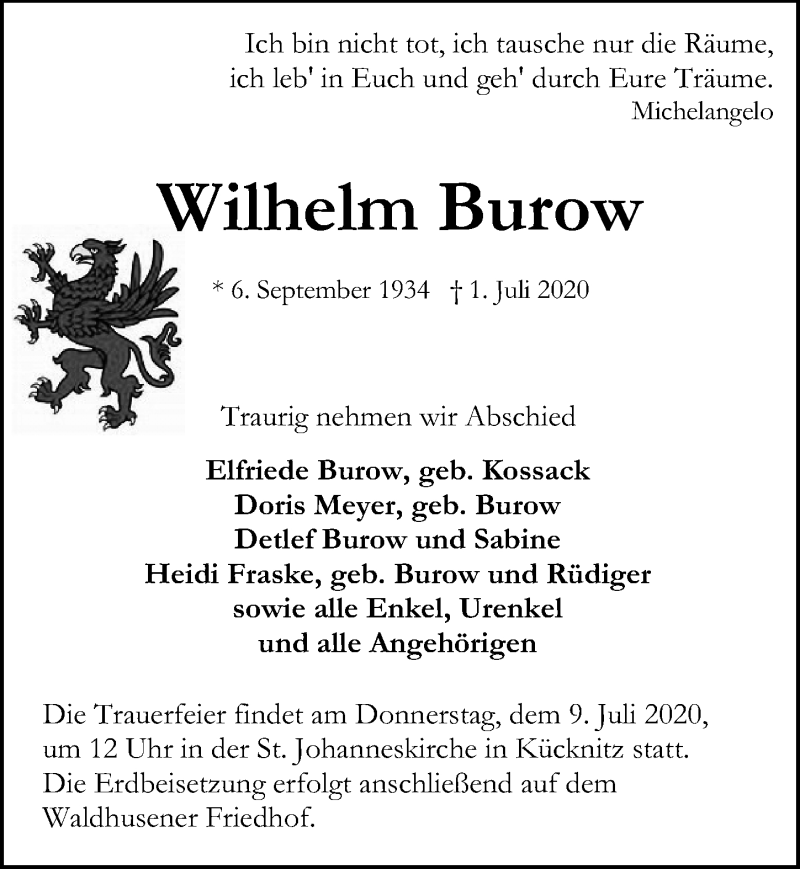  Traueranzeige für Wilhelm Burow vom 05.07.2020 aus Lübecker Nachrichten