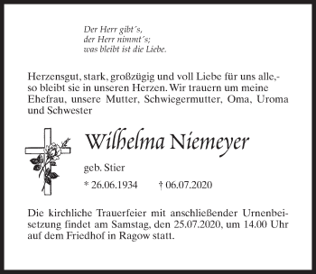Traueranzeige von Wilhelma Niemeyer von Märkischen Allgemeine Zeitung