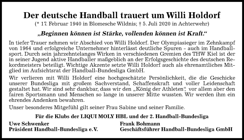  Traueranzeige für Willi Holdorf vom 11.07.2020 aus Kieler Nachrichten