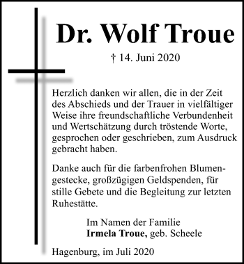 Traueranzeige von Wolf Troue von Hannoversche Allgemeine Zeitung/Neue Presse