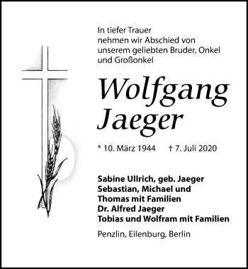 Traueranzeige von Wolfgang Jaeger von Leipziger Volkszeitung