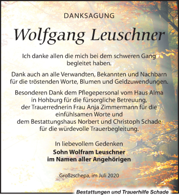 Traueranzeige von Wolfgang Leuschner von Leipziger Volkszeitung