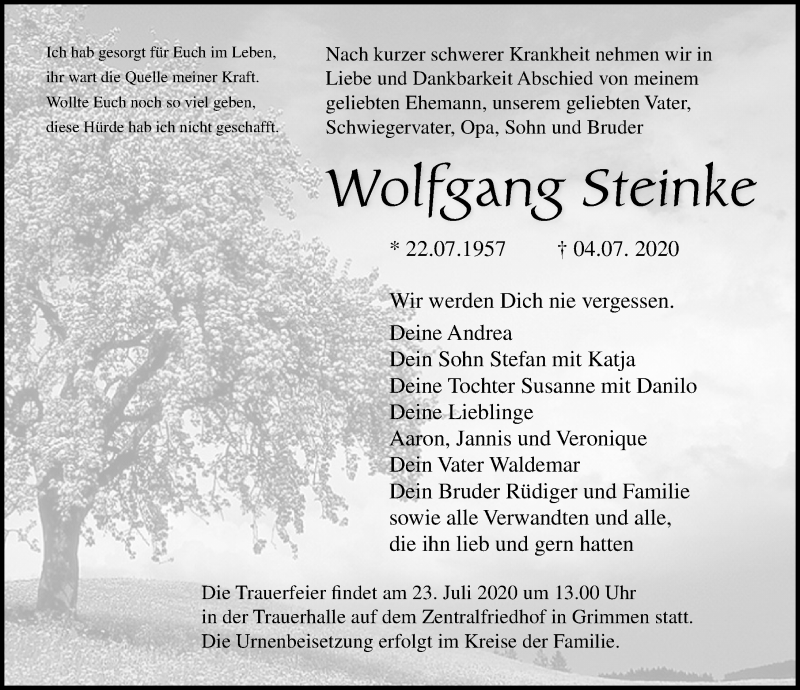  Traueranzeige für Wolfgang Steinke vom 11.07.2020 aus Ostsee-Zeitung GmbH