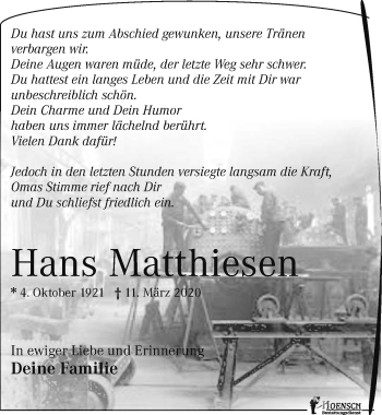 Traueranzeige von Hans Matthiesen  