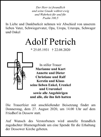 Traueranzeige von Adolf Petrich