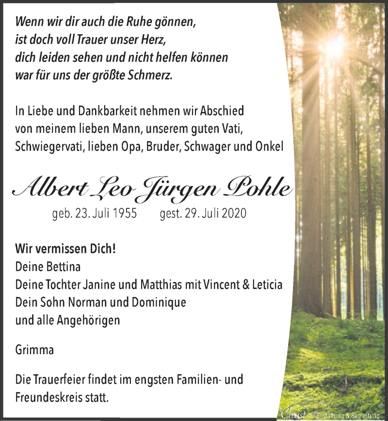  Traueranzeige für Albert Leo Jürgen  Pohle vom 08.08.2020 aus Leipziger Volkszeitung