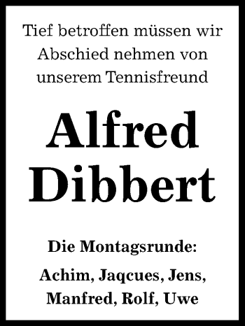Traueranzeige von Alfred Dibbert von Kieler Nachrichten