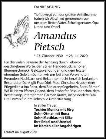 Traueranzeige von Amandus Pietsch von Leipziger Volkszeitung