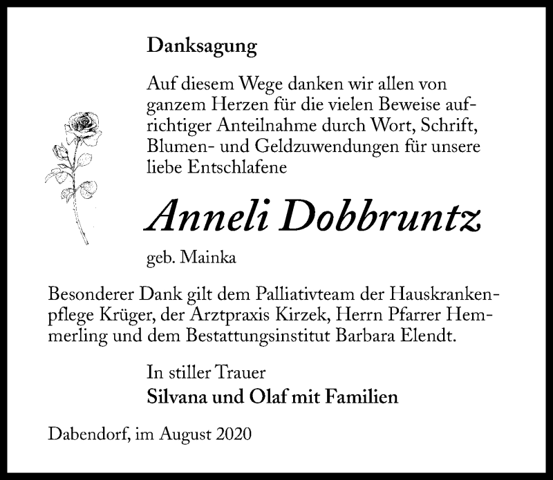  Traueranzeige für Anneli Dobbruntz vom 22.08.2020 aus Märkischen Allgemeine Zeitung
