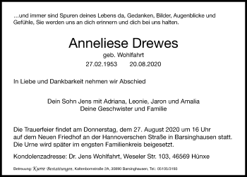 Traueranzeige von Anneliese Drewes von Hannoversche Allgemeine Zeitung/Neue Presse