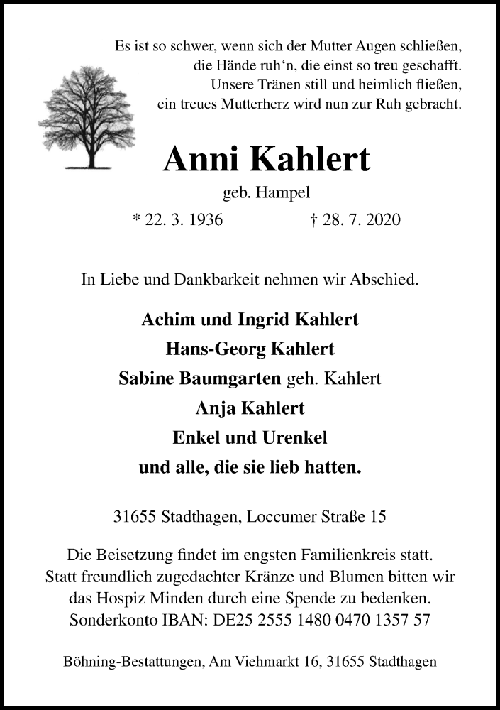  Traueranzeige für Anni Kahlert vom 01.08.2020 aus Schaumburger Nachrichten