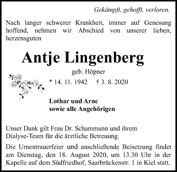 Traueranzeige von Antje Lingenberg von Kieler Nachrichten