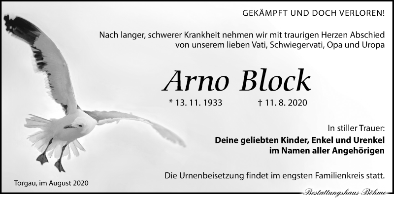  Traueranzeige für Arno Block vom 22.08.2020 aus Torgauer Zeitung