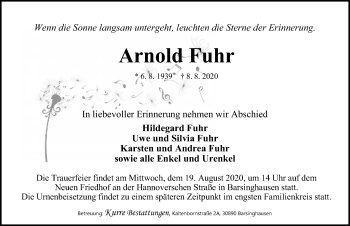 Traueranzeige von Arnold Fuhr von Hannoversche Allgemeine Zeitung/Neue Presse