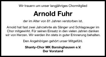 Traueranzeige von Arnold Fuhr von Hannoversche Allgemeine Zeitung/Neue Presse