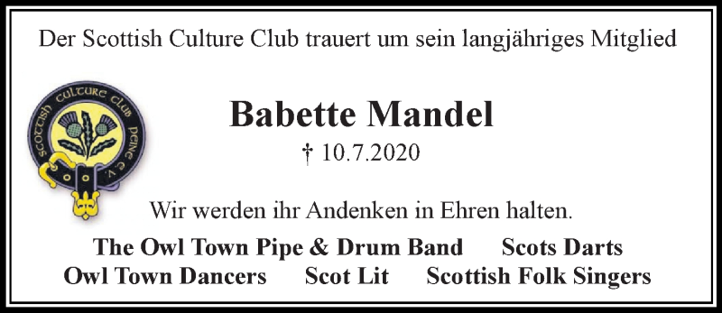  Traueranzeige für Babette Mandel vom 01.08.2020 aus Peiner Allgemeine Zeitung