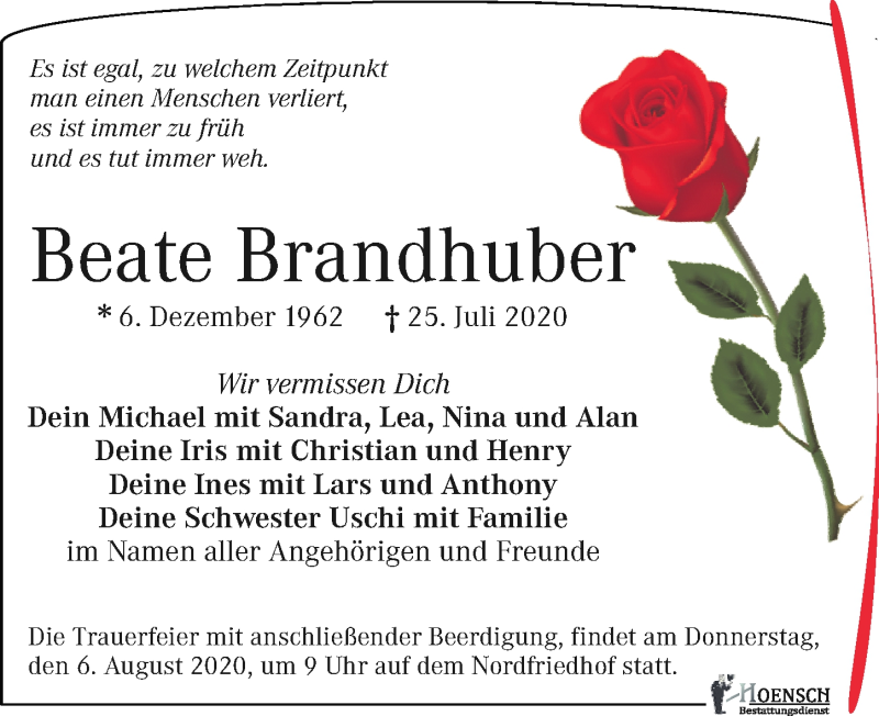  Traueranzeige für Beate Brandhuber vom 01.08.2020 aus Leipziger Volkszeitung