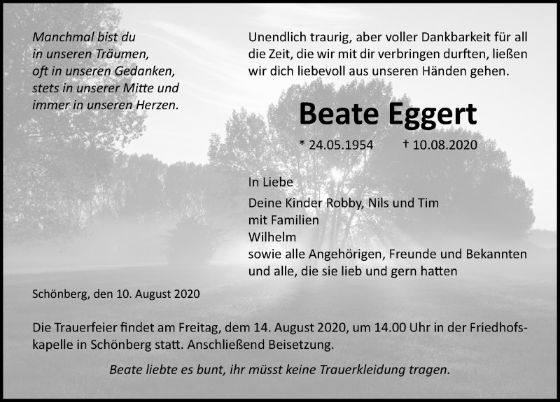  Traueranzeige für Beate Eggert vom 13.08.2020 aus Ostsee-Zeitung GmbH