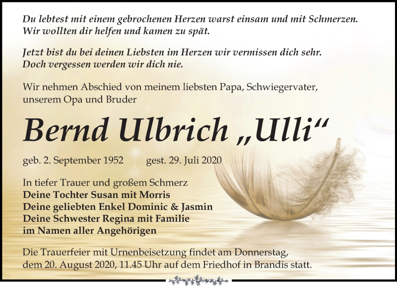  Traueranzeige für Bernd Ulbrich vom 08.08.2020 aus Leipziger Volkszeitung