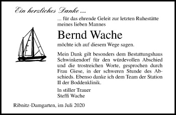 Traueranzeige von Bernd Wache von Ostsee-Zeitung GmbH