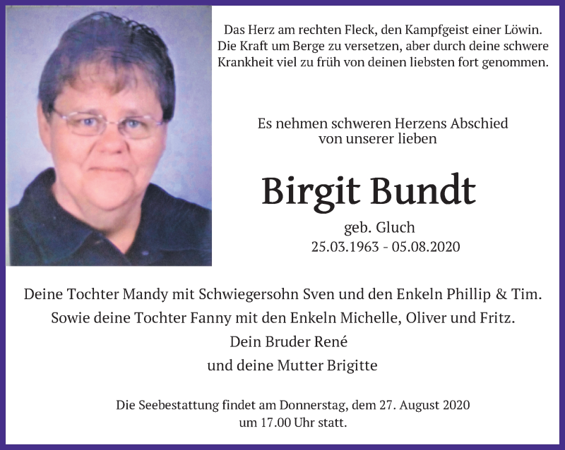  Traueranzeige für Birgit Bundt vom 22.08.2020 aus Ostsee-Zeitung GmbH