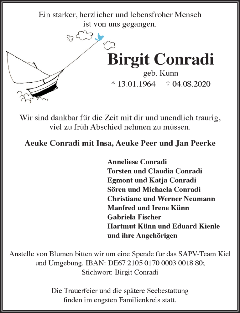  Traueranzeige für Birgit Conradi vom 08.08.2020 aus Ostsee-Zeitung GmbH