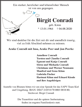 Traueranzeige von Birgit Conradi von Ostsee-Zeitung GmbH