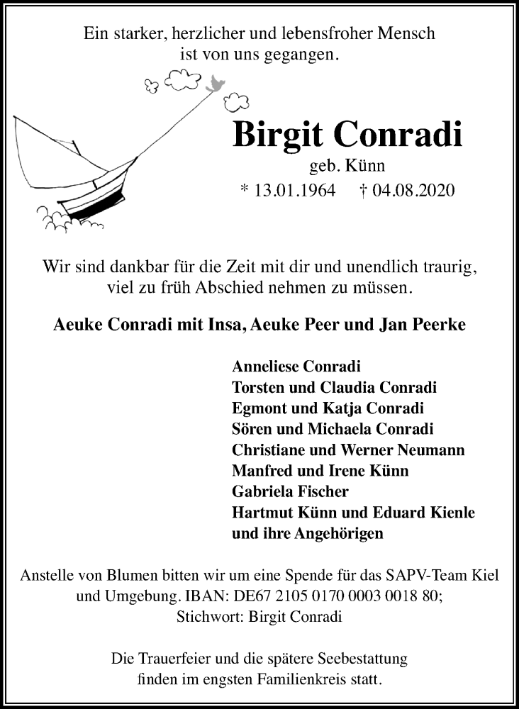  Traueranzeige für Birgit Conradi vom 08.08.2020 aus Kieler Nachrichten