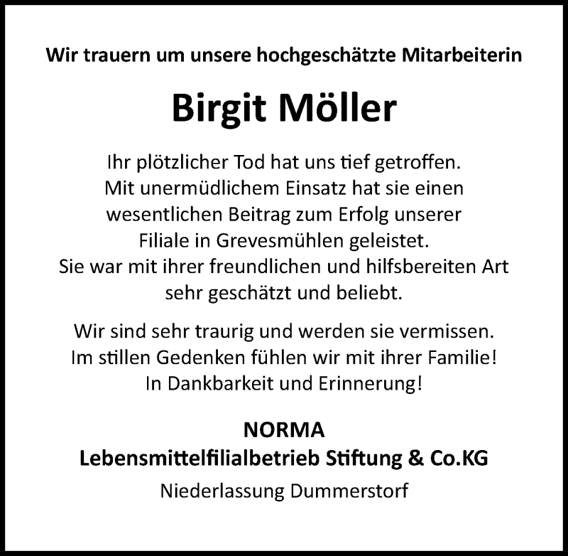  Traueranzeige für Birgit Möller vom 29.08.2020 aus Ostsee-Zeitung GmbH