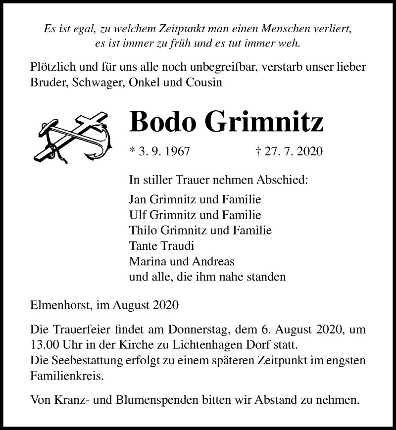  Traueranzeige für Bodo Grimnitz vom 01.08.2020 aus Ostsee-Zeitung GmbH