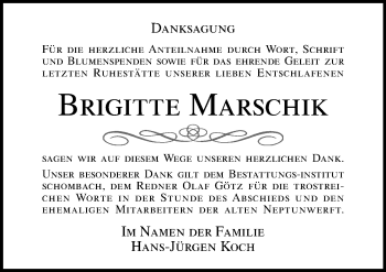 Traueranzeige von Brigitte Marschik von Ostsee-Zeitung GmbH