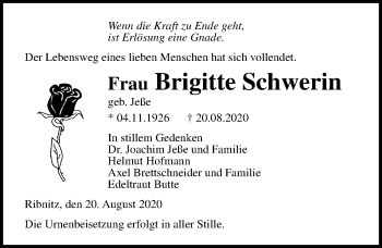 Traueranzeige von Brigitte Schwerin von Ostsee-Zeitung GmbH