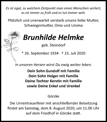 Traueranzeige von Brunhilde Helmke von Märkischen Allgemeine Zeitung