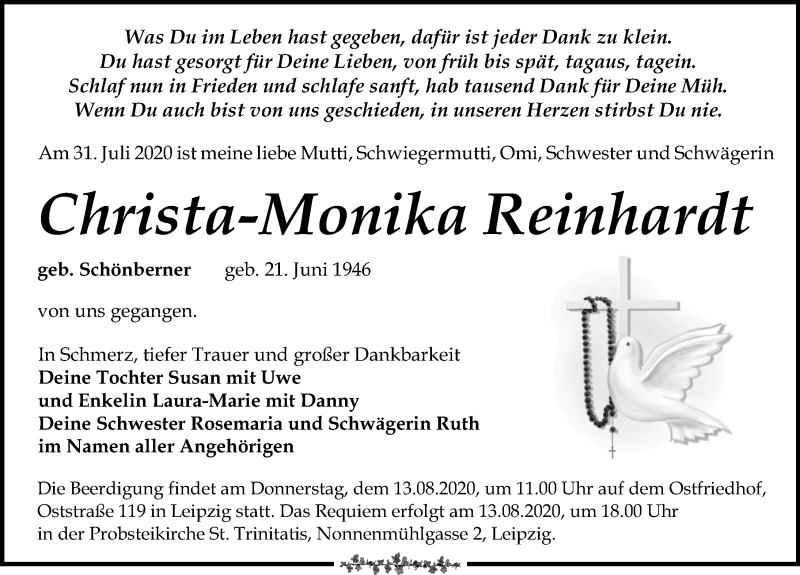  Traueranzeige für Christa-Monika Reinhardt vom 08.08.2020 aus Leipziger Volkszeitung