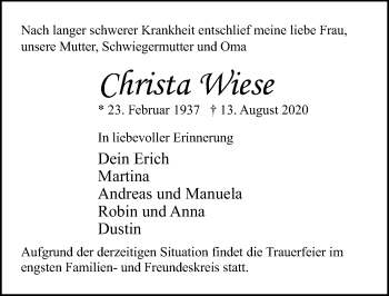 Traueranzeige von Christa Wiese von Lübecker Nachrichten