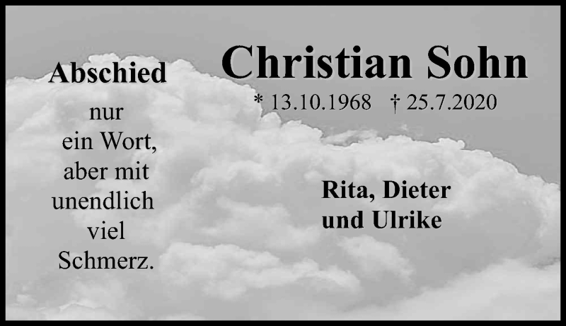  Traueranzeige für Christian Sohn vom 29.08.2020 aus Eichsfelder Tageblatt