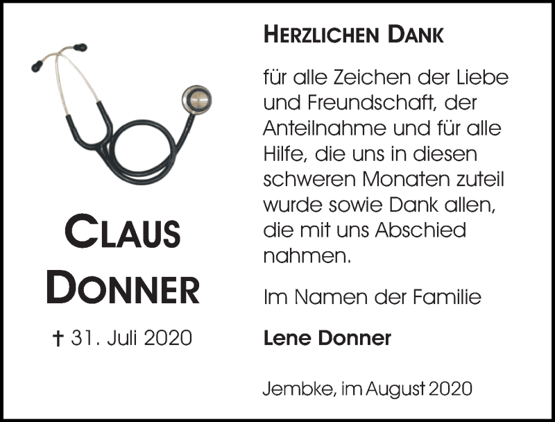  Traueranzeige für Claus Donner vom 29.08.2020 aus Aller Zeitung