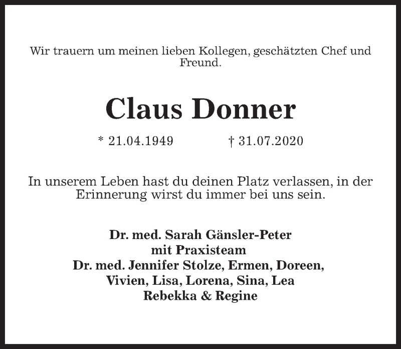  Traueranzeige für Claus Donner vom 12.08.2020 aus Aller Zeitung