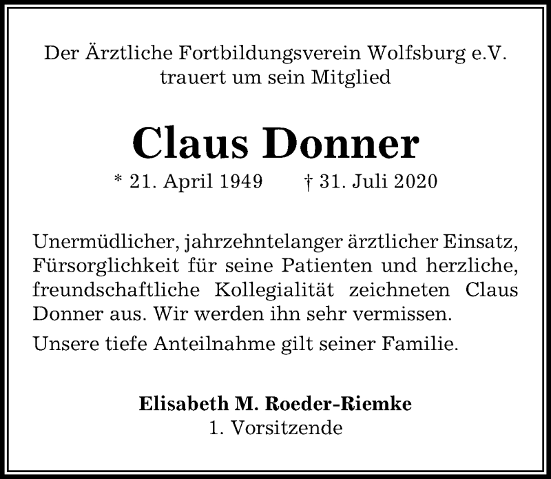  Traueranzeige für Claus Donner vom 10.08.2020 aus Aller Zeitung