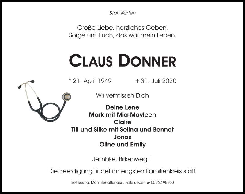  Traueranzeige für Claus Donner vom 05.08.2020 aus Aller Zeitung